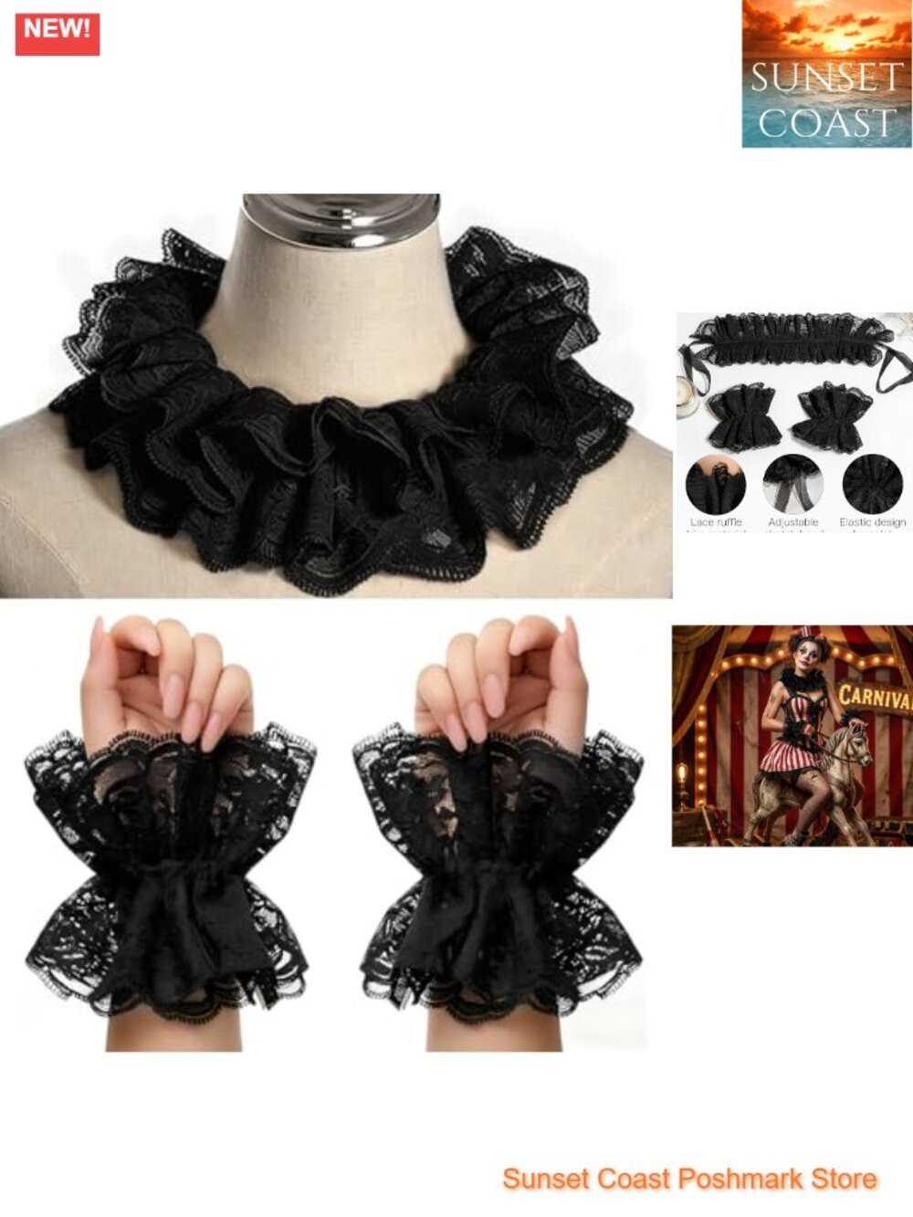 Victorian Floral Lace Ruffle Collar & Cuffs Set Clown Costume Accessory